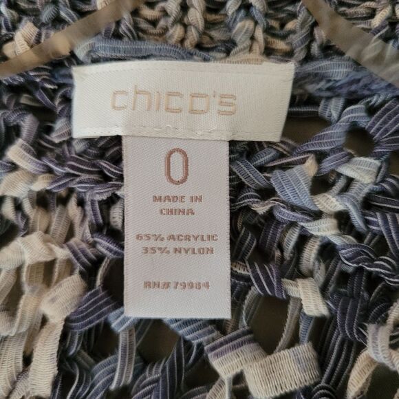 Chico's size 0 blue crochet net open front cardigan with tassels - Picture 2 of 9